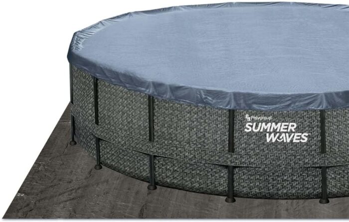 Summer Waves Frame Pool Komplettset | Rund 488x122 cm Rattanoptik Grau | Aufstellpool Set | Gartenpool & Schwimmbecken inkl. Filterpumpe, Einstiegsleiter, Abdeckplane, Bodenvlies & Reinigungsset
