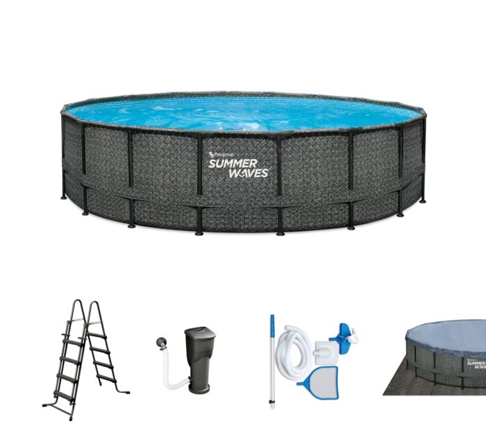 Summer Waves Frame Pool Komplettset | Rechteckig 549x274x132 cm Grau | Aufstellpool Set | Gartenpool & Schwimmbecken inkl. Sandfilterpumpe, Bodenvlies, Abdeckplane & Einstiegsleiter