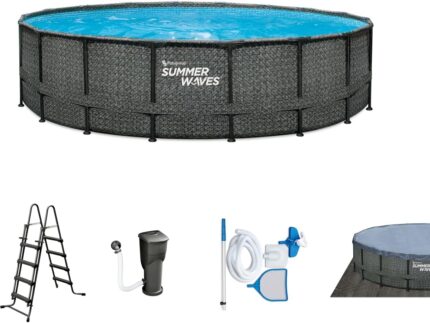 Summer Waves Frame Pool Komplettset | Rund 488x122 cm Rattanoptik Grau | Aufstellpool Set | Gartenpool & Schwimmbecken inkl. Filterpumpe, Einstiegsleiter, Abdeckplane, Bodenvlies & Reinigungsset