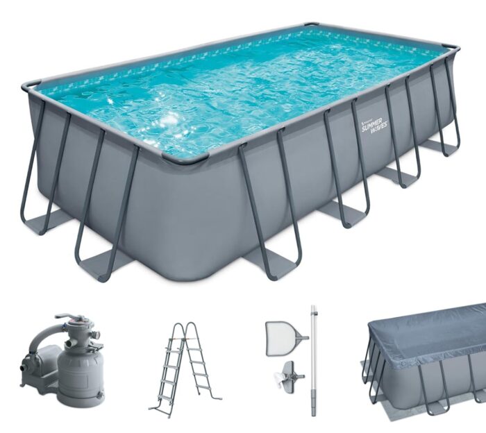 Summer Waves Frame Pool Komplettset | Rund 488x122 cm Rattanoptik Grau | Aufstellpool Set | Gartenpool & Schwimmbecken inkl. Filterpumpe, Einstiegsleiter, Abdeckplane, Bodenvlies & Reinigungsset