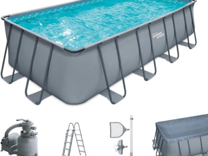 Summer Waves Frame Pool Komplettset | Rechteckig 549x274x132 cm Grau | Aufstellpool Set | Gartenpool & Schwimmbecken inkl. Sandfilterpumpe, Bodenvlies, Abdeckplane & Einstiegsleiter