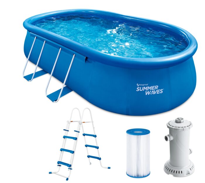 Summer Waves Frame Pool Komplettset | Rund 549x132 cm Rattan Optik Grau | Aufstellpool Set | Gartenpool & Schwimmbecken inkl. Filterpumpe, Bodenvlies, Abdeckplane & Einstiegsleiter