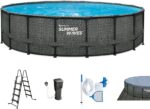 Summer Waves Frame Pool Komplettset | Rund 549x132 cm Rattan Optik Grau | Aufstellpool Set | Gartenpool & Schwimmbecken inkl. Filterpumpe, Bodenvlies, Abdeckplane & Einstiegsleiter