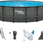 Summer Waves Frame Pool Komplettset | Rund 549x132 cm Rattan Optik Grau | Aufstellpool Set | Gartenpool & Schwimmbecken inkl. Filterpumpe, Bodenvlies, Abdeckplane & Einstiegsleiter