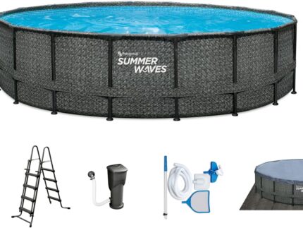 Summer Waves Frame Pool Komplettset | Rund 549x132 cm Rattan Optik Grau | Aufstellpool Set | Gartenpool & Schwimmbecken inkl. Filterpumpe, Bodenvlies, Abdeckplane & Einstiegsleiter