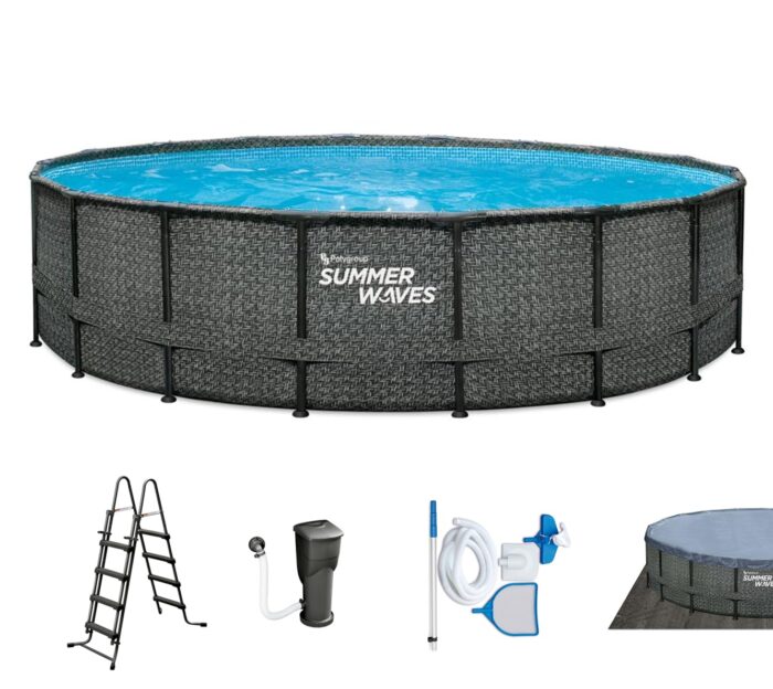 Summer Waves Frame Pool Komplettset | Rund 549x132 cm Rattan Optik Grau | Aufstellpool Set | Gartenpool & Schwimmbecken inkl. Filterpumpe, Bodenvlies, Abdeckplane & Einstiegsleiter