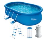 Summer Waves Frame Pool Komplettset | Rund 549x132 cm Rattan Optik Grau | Aufstellpool Set | Gartenpool & Schwimmbecken inkl. Filterpumpe, Bodenvlies, Abdeckplane & Einstiegsleiter