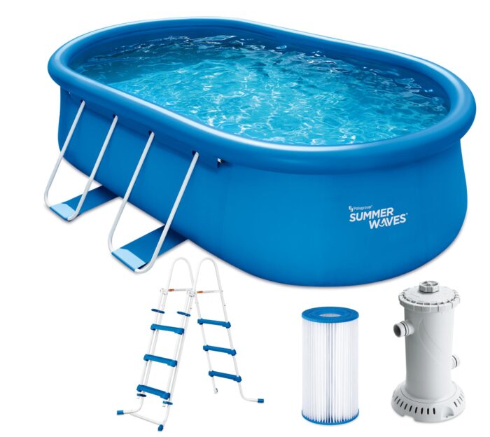 Summer Waves Frame Pool Komplettset | Rund 427x107 cm Steinoptik Grau | Aufstellpool Set | Gartenpool & Schwimmbecken inkl. Filterpumpe