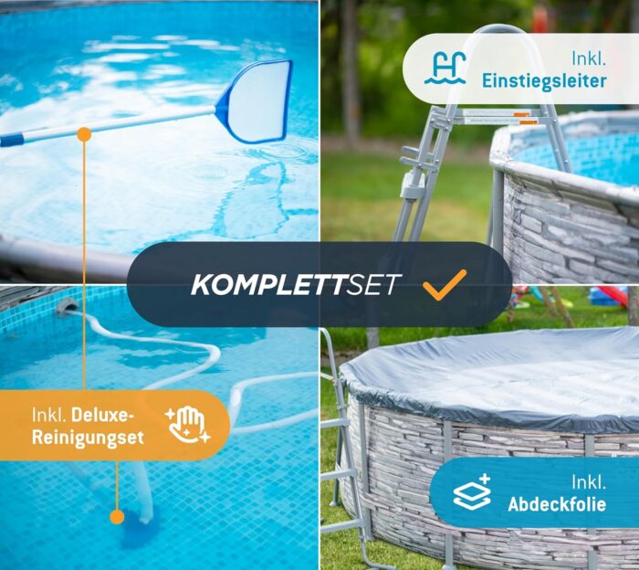 Summer Waves Frame Pool Komplettset | Rund 427x107 cm Steinoptik Grau | Aufstellpool Set | Gartenpool & Schwimmbecken inkl. Filterpumpe