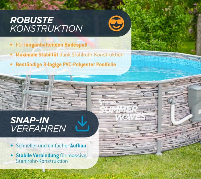 Summer Waves Frame Pool Komplettset | Rund 427x107 cm Steinoptik Grau | Aufstellpool Set | Gartenpool & Schwimmbecken inkl. Filterpumpe