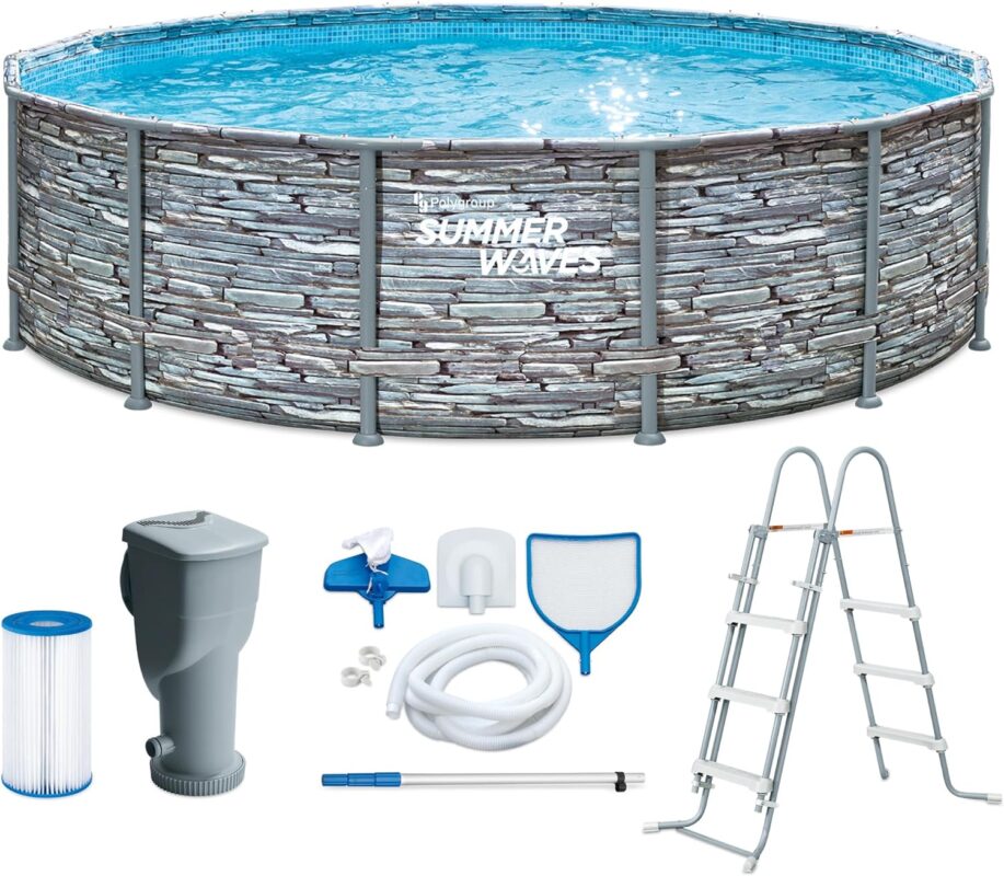 Summer Waves Frame Pool Komplettset | Rund 427x107 cm Steinoptik Grau | Aufstellpool Set | Gartenpool & Schwimmbecken inkl. Filterpumpe