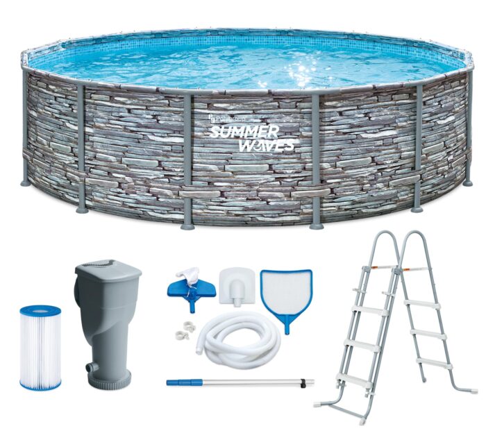 Summer Waves Frame Pool Komplettset | Rund 488x122 cm Rattanoptik Grau | Aufstellpool Set | Gartenpool & Schwimmbecken inkl. Filterpumpe, Einstiegsleiter, Abdeckplane, Bodenvlies & Reinigungsset