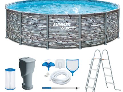 Summer Waves Frame Pool Komplettset | Rund 427x107 cm Steinoptik Grau | Aufstellpool Set | Gartenpool & Schwimmbecken inkl. Filterpumpe