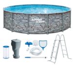 Summer Waves Frame Pool Komplettset | Rund 549x132 cm Rattan Optik Grau | Aufstellpool Set | Gartenpool & Schwimmbecken inkl. Filterpumpe, Bodenvlies, Abdeckplane & Einstiegsleiter