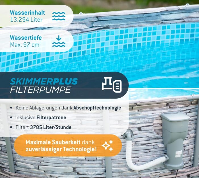 Summer Waves Frame Pool Komplettset | Rund 427x107 cm Steinoptik Grau | Aufstellpool Set | Gartenpool & Schwimmbecken inkl. Filterpumpe