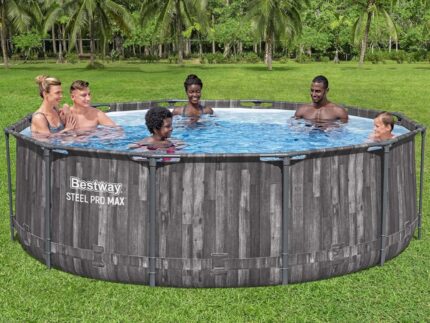 Bestway Steel Pro MAX Frame Pool-Set mit Filterpumpe Ø 366 x 100 cm, Holz-Optik (Mooreiche), rund