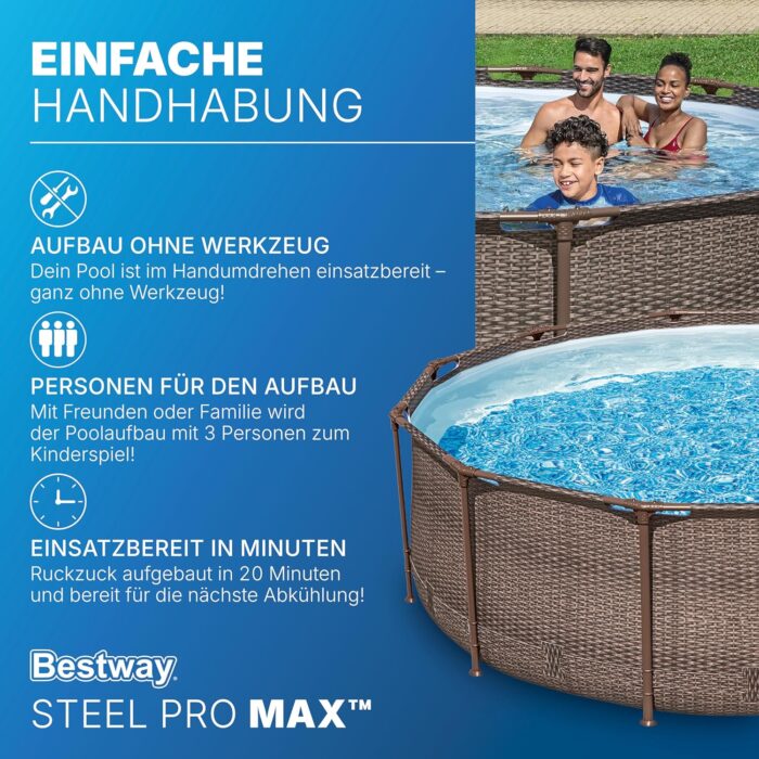 Bestway Steel Pro MAX Solo Pool ohne Zubehör 366 x 100 cm, Rattan-Optik (Schokobraun), rund